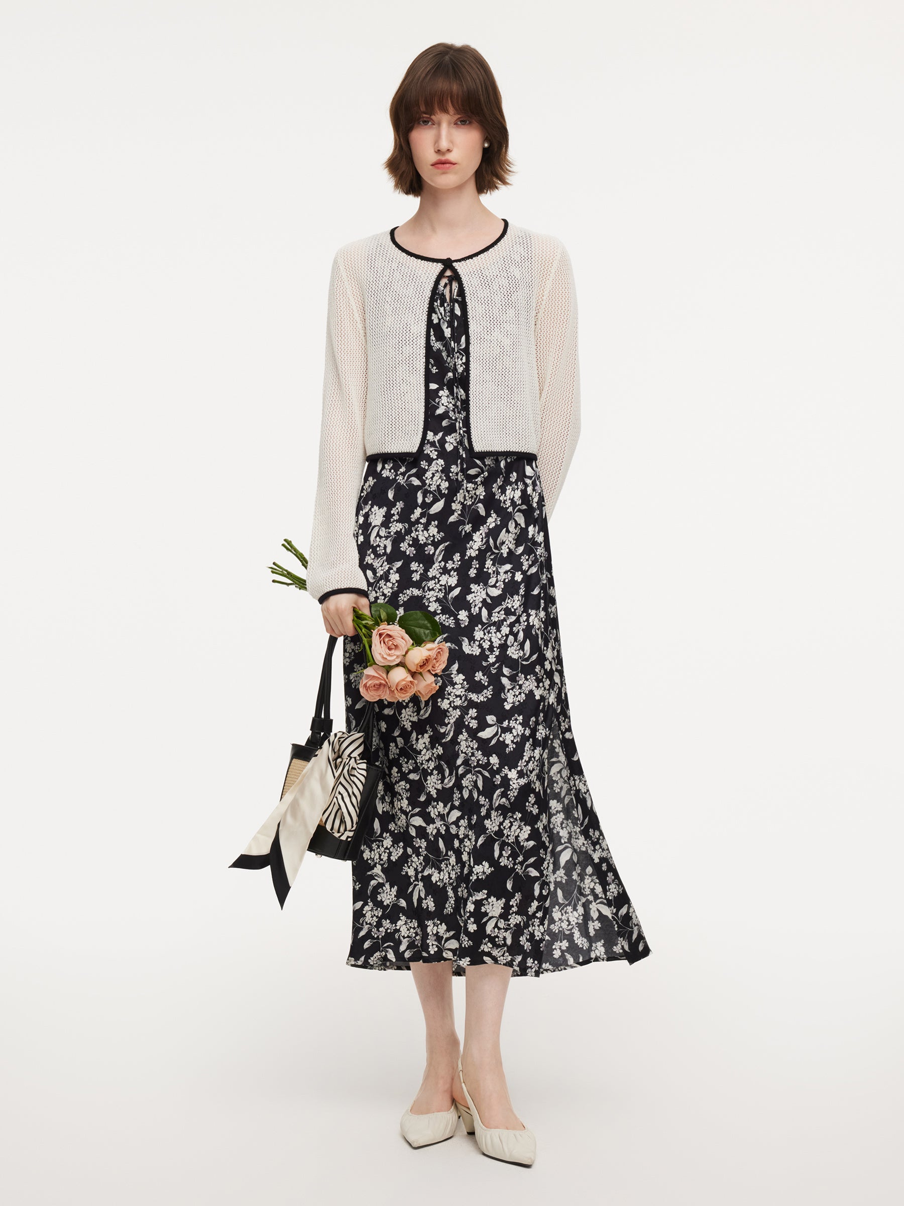 [Preview] Contrast Trim Openwork Cardigan And Floral Print Sleeveless Dress Two-Piece Set GOELIA