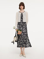 Contrast Trim Openwork Cardigan And Floral Print Sleeveless Dress Two-Piece Set GOELIA