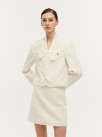 Tweed Bow Tie Neck Jacket And Mini Skirt Two-Piece Set GOELIA