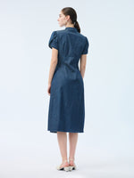 Tencel Blend Denim Side Twist Women Qipao Midi Dress GOELIA