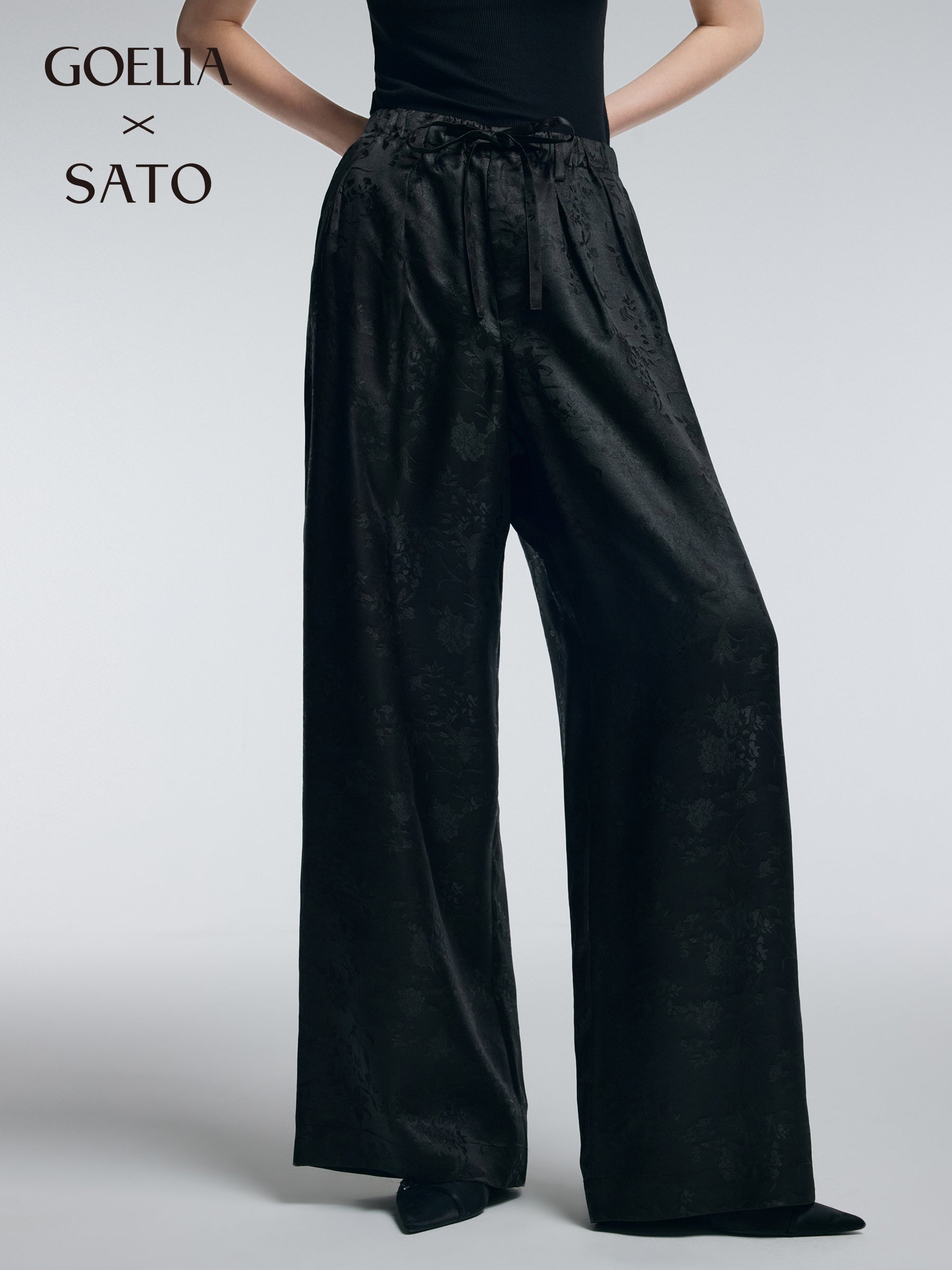 19MM Gambiered Canton Gauze Women Jacquard Straight Leg Pants GOELIA