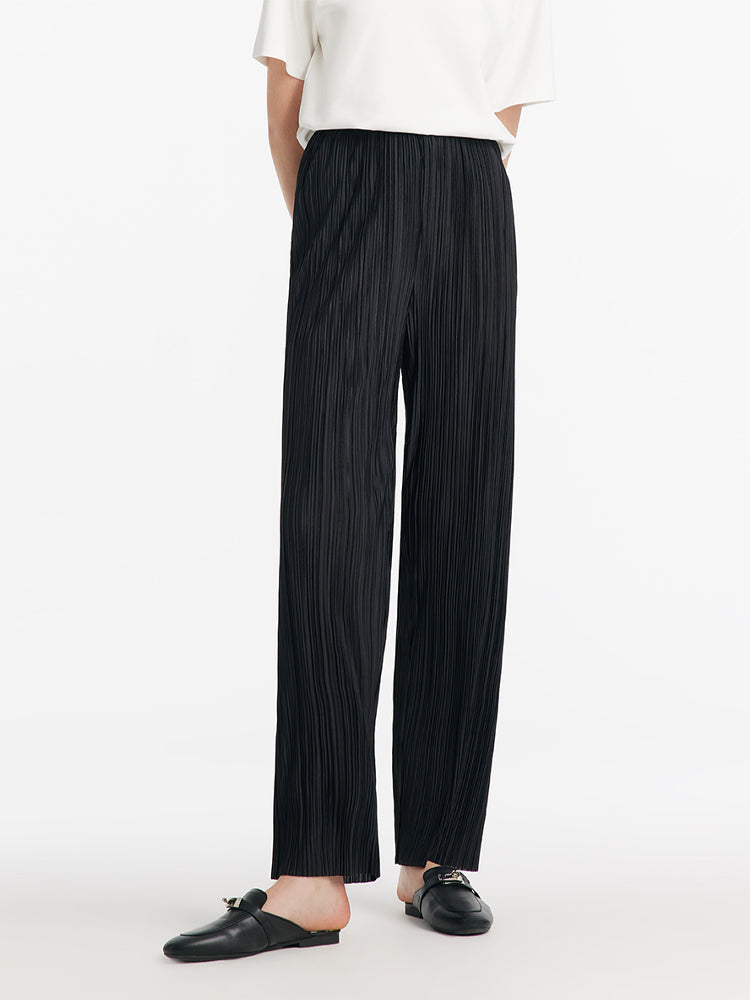 Pleated Straight Full Length Women Pants With Elastic Waistband GOELIA