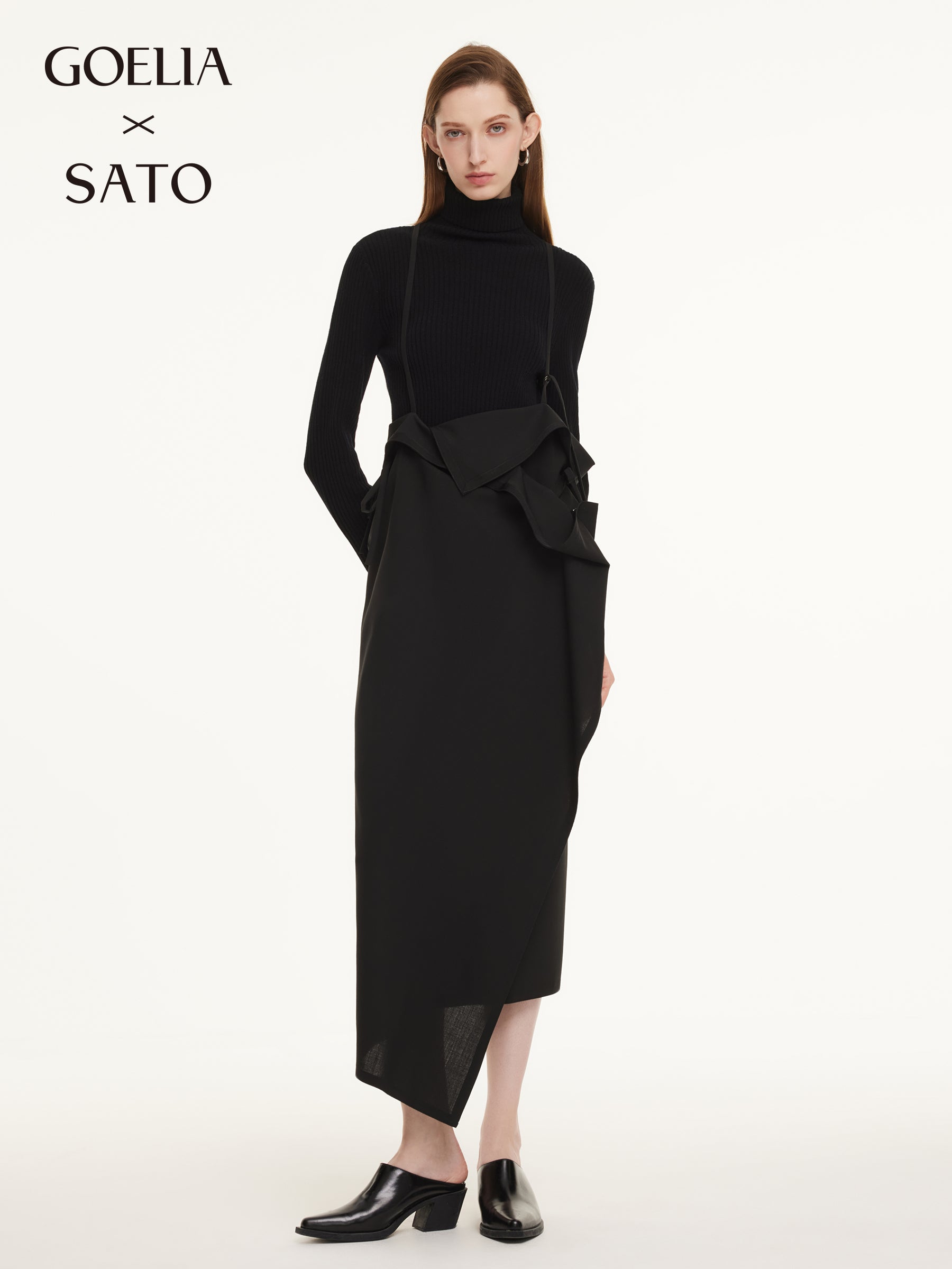 Merino Wool Asymmetric Drape Women Pinafore Maxi Dress GOELIA