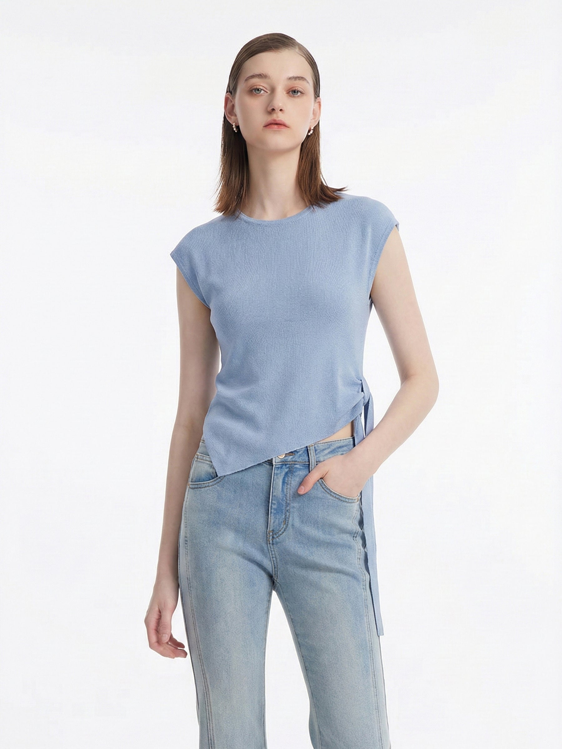 Tencel Blend Asymmetrical Hem Women Knit Top With Ribbon GOELIA