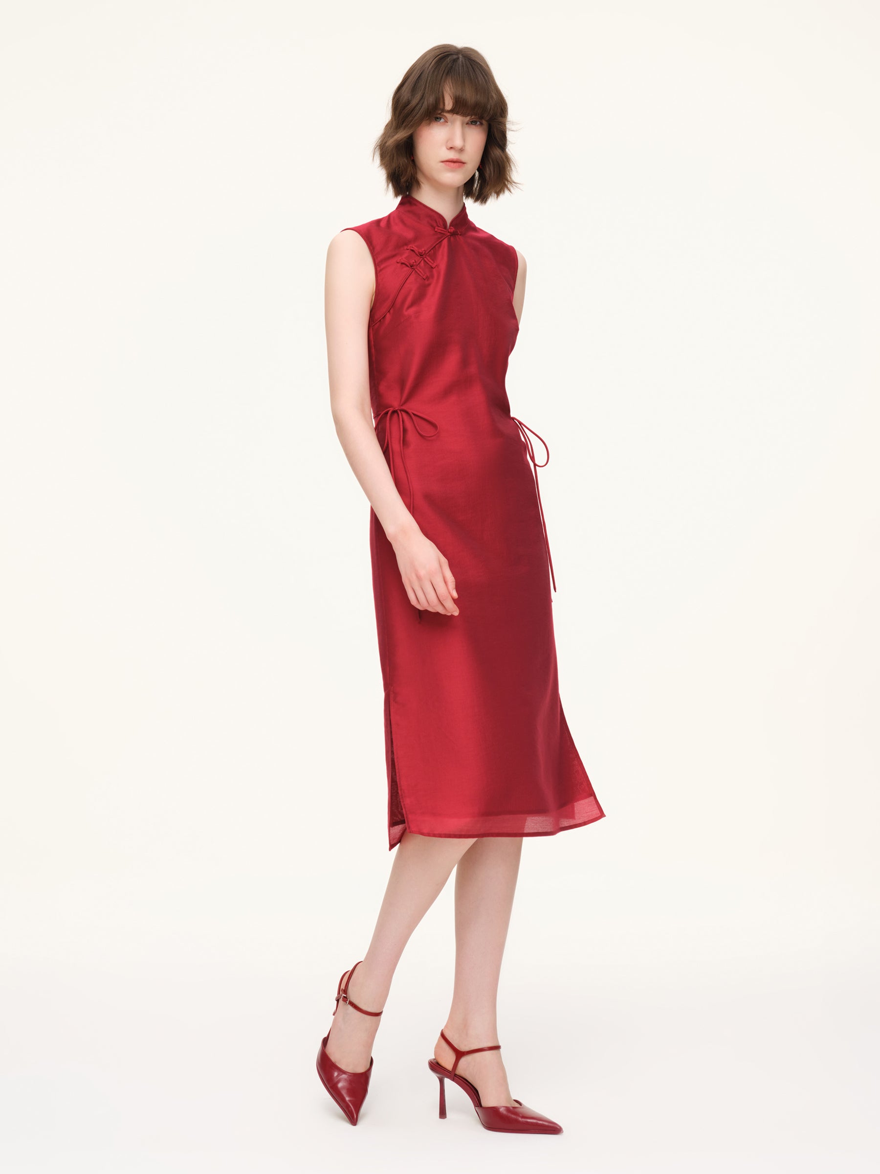 Tencel Blend Sleeveless Women Qipao Midi Dress GOELIA