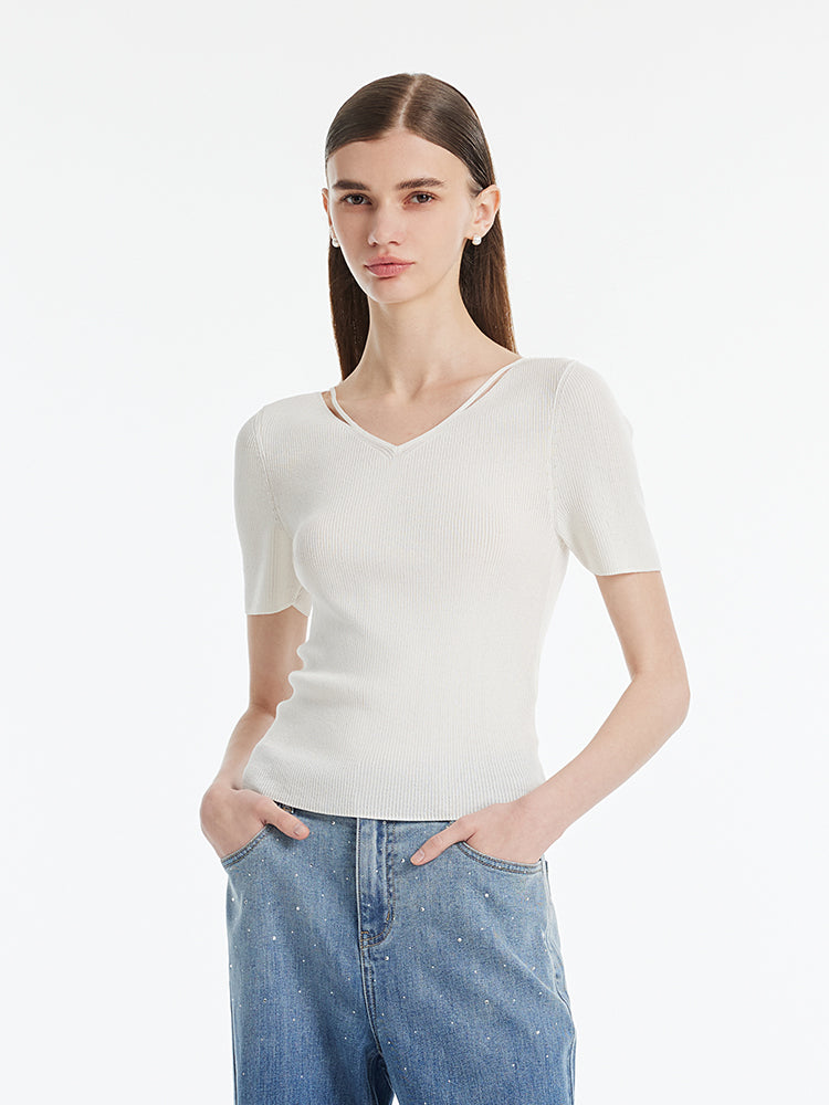 Tencel-Silk Blend Cut-out Neck Women Knitted Top GOELIA