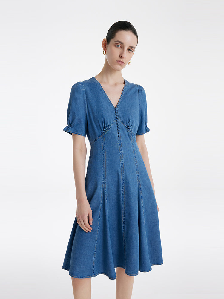 Denim V-Neck Gathered Waist Women Midi Dress GOELIA