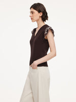 Lyocell Blend V-Neck Women Embroidered Sleeve Knit Top GOELIA