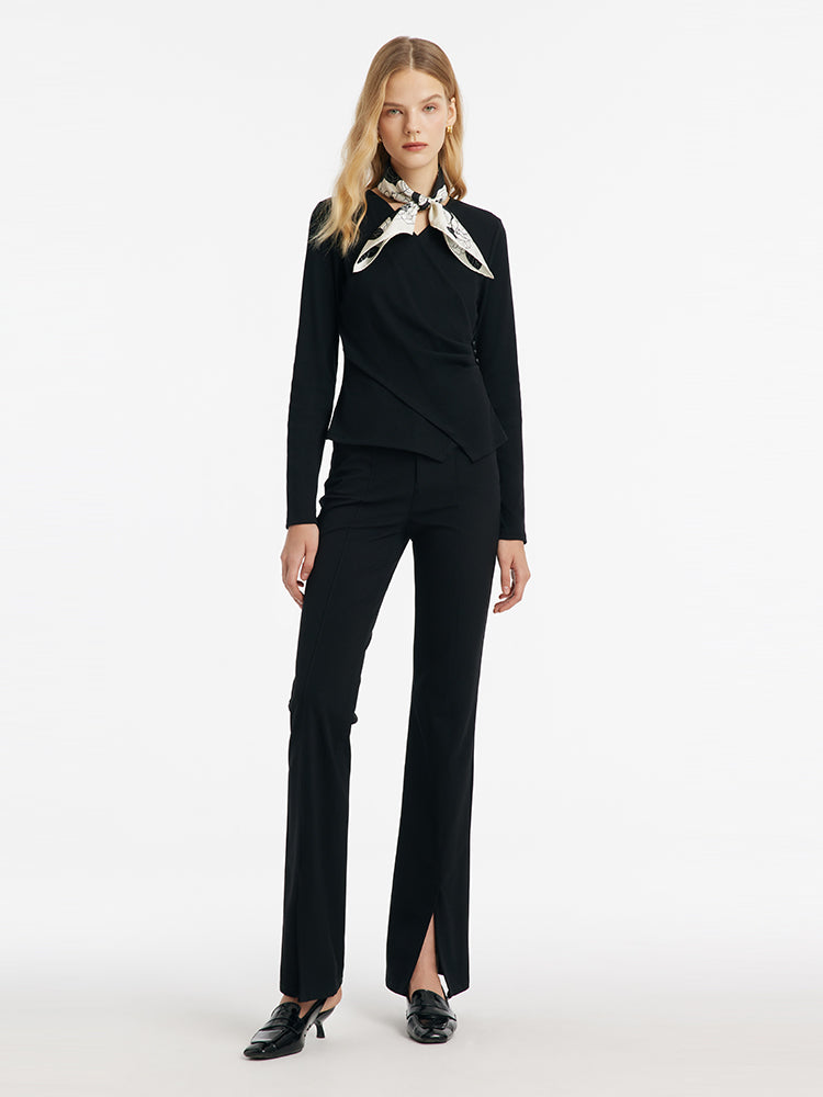 V-Neck Crossover Gathered Waist Women Knit Top GOELIA