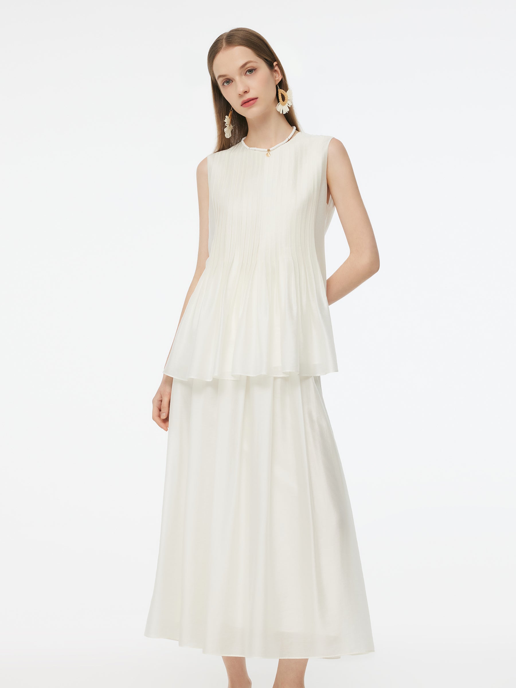 Tencel Blend Pleated Tank Top And Skirt Two-Piece Set GOELIA