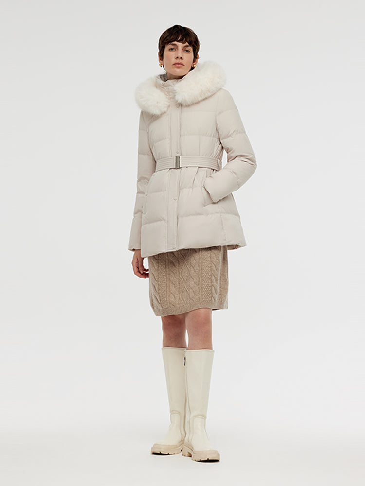 Windproof Hooded Goose Down Coat With Belt