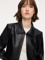 PU Leather Embroidered Trim Women Cropped Jacket GOELIA