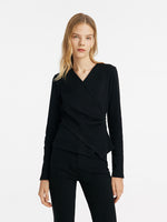 V-Neck Crossover Gathered Waist Women Knit Top GOELIA