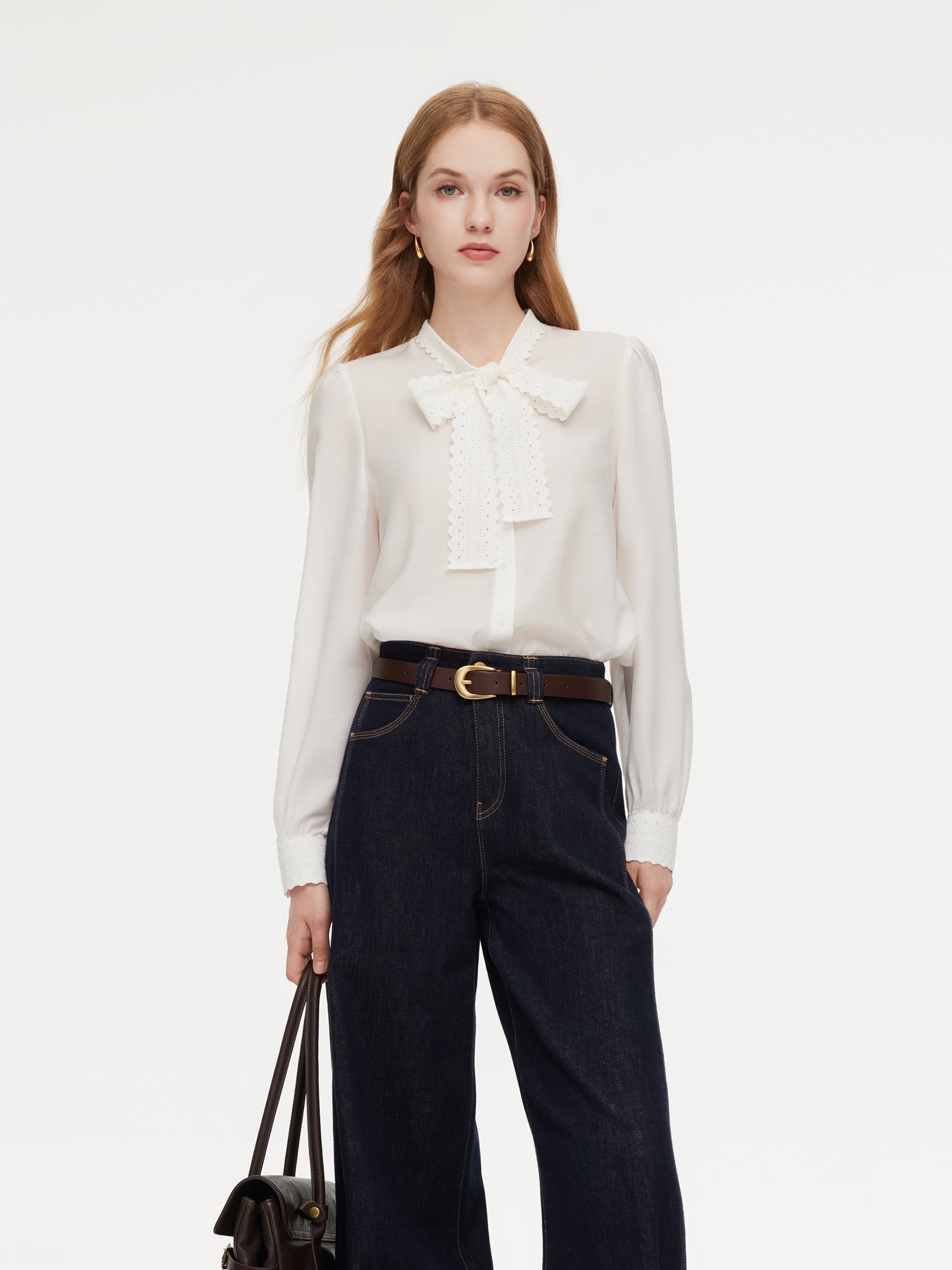 [Preview] Acetate Blend Lace Bow Tie Women Shirt GOELIA