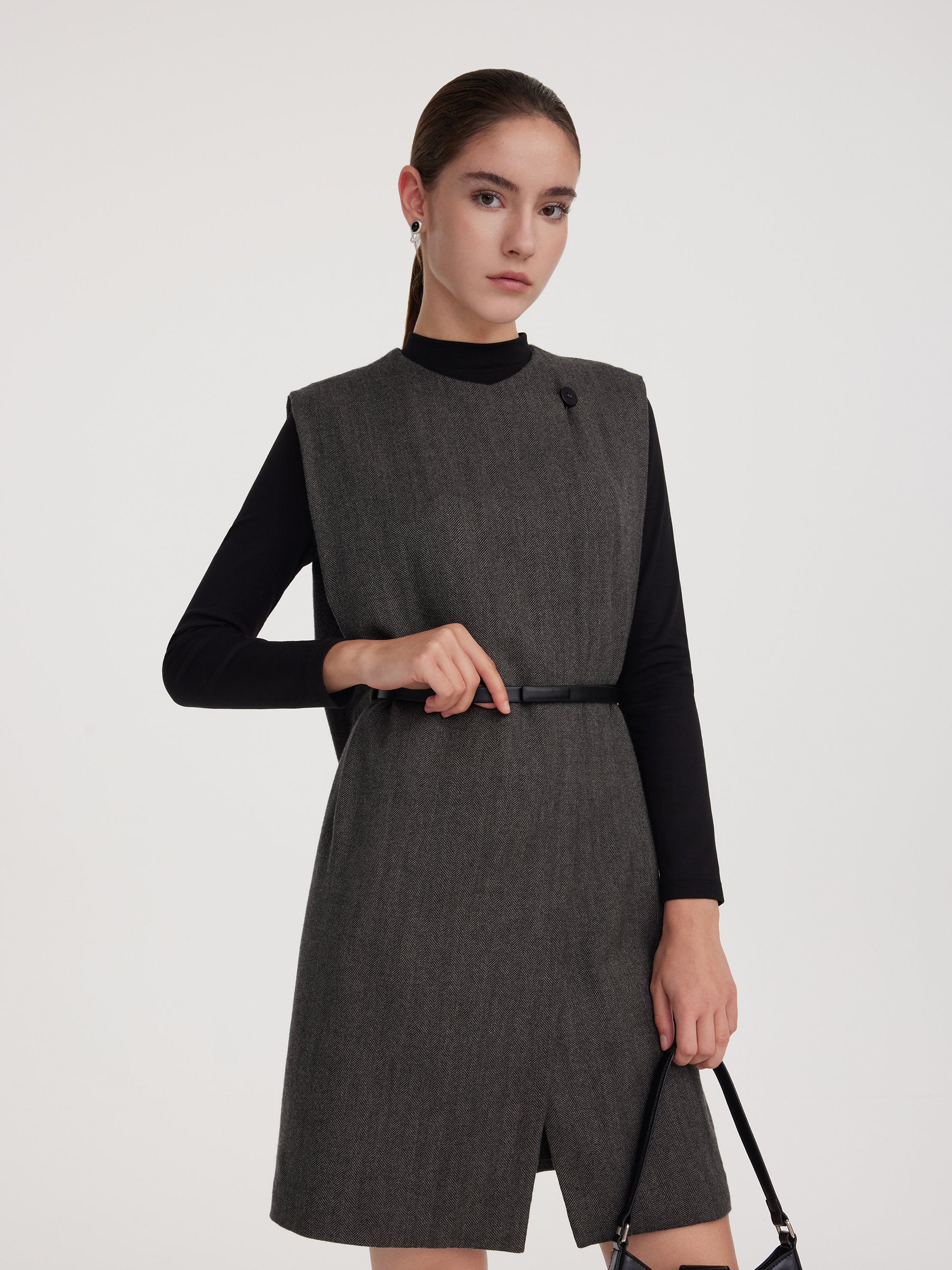 100% Wool Vest And Knit Dress Two-Piece Set With Belt GOELIA