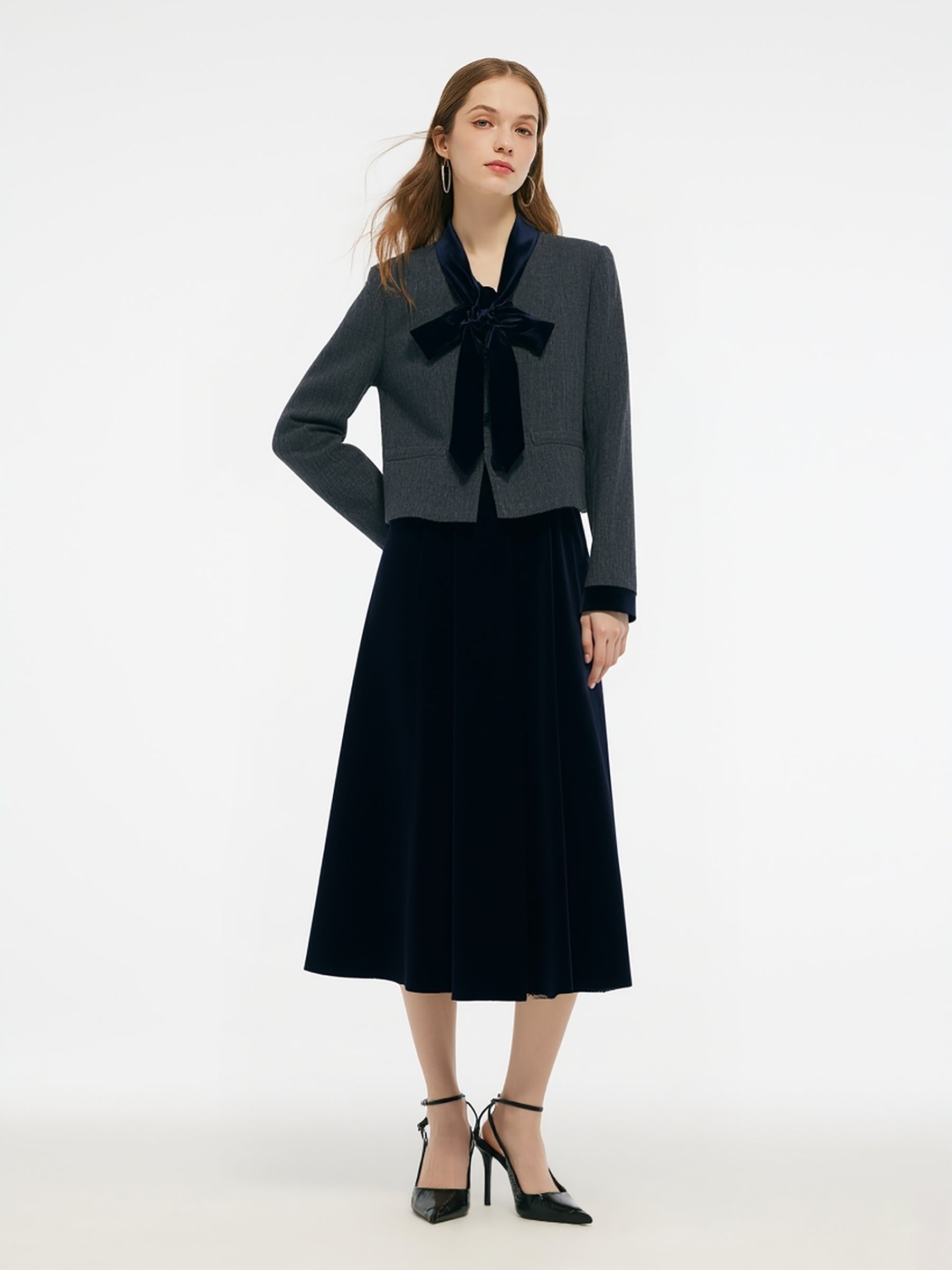 100% Washable Wool Jacket And Velvet Skirt Two-Piece Set With Ribbon GOELIA