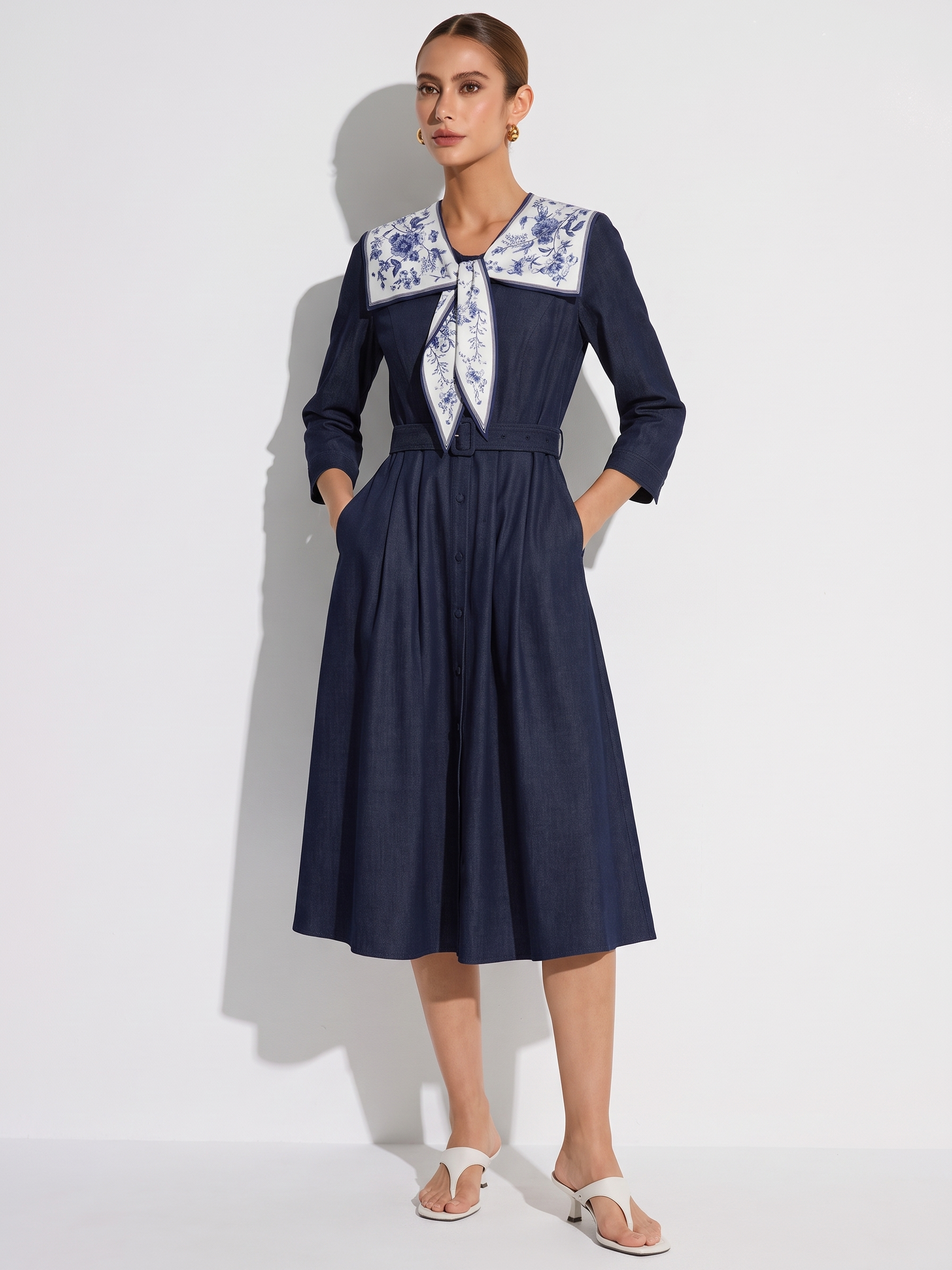 V-Neck Belted Women Denim Look Maxi Dress With Detachable Floral Print Silk Collar GOELIA