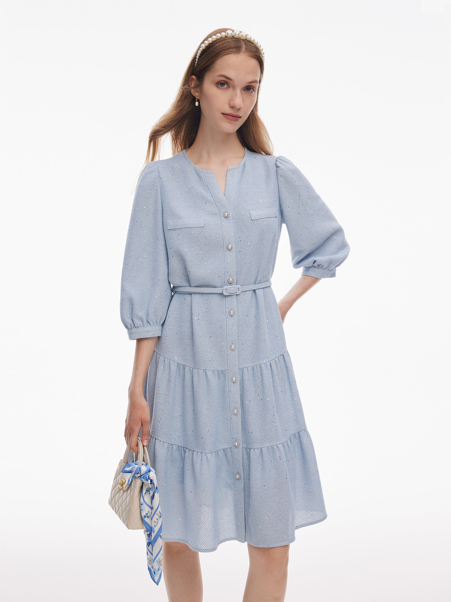 Acetate Blend Tweed Sequins Women Midi Dress With Belt GOELIA