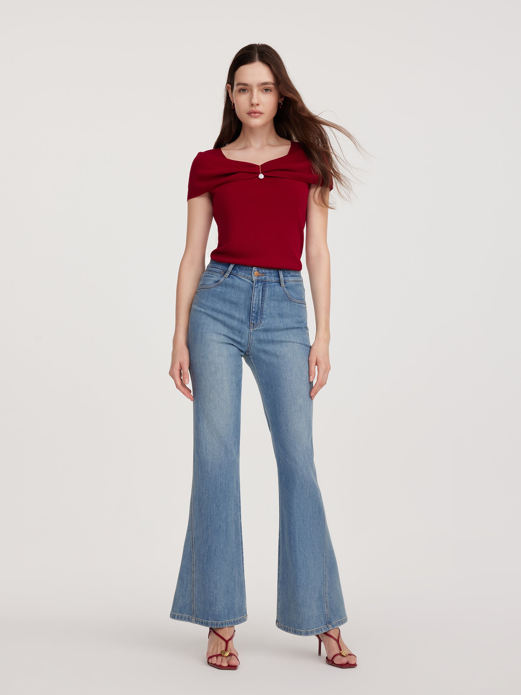 Lyocell Blend Off Shoulder Women Knit Top With Detachable Magnetic Flower GOELIA