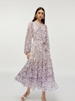 Floral Printed Tiered Women Maxi Dress With Belt GOELIA