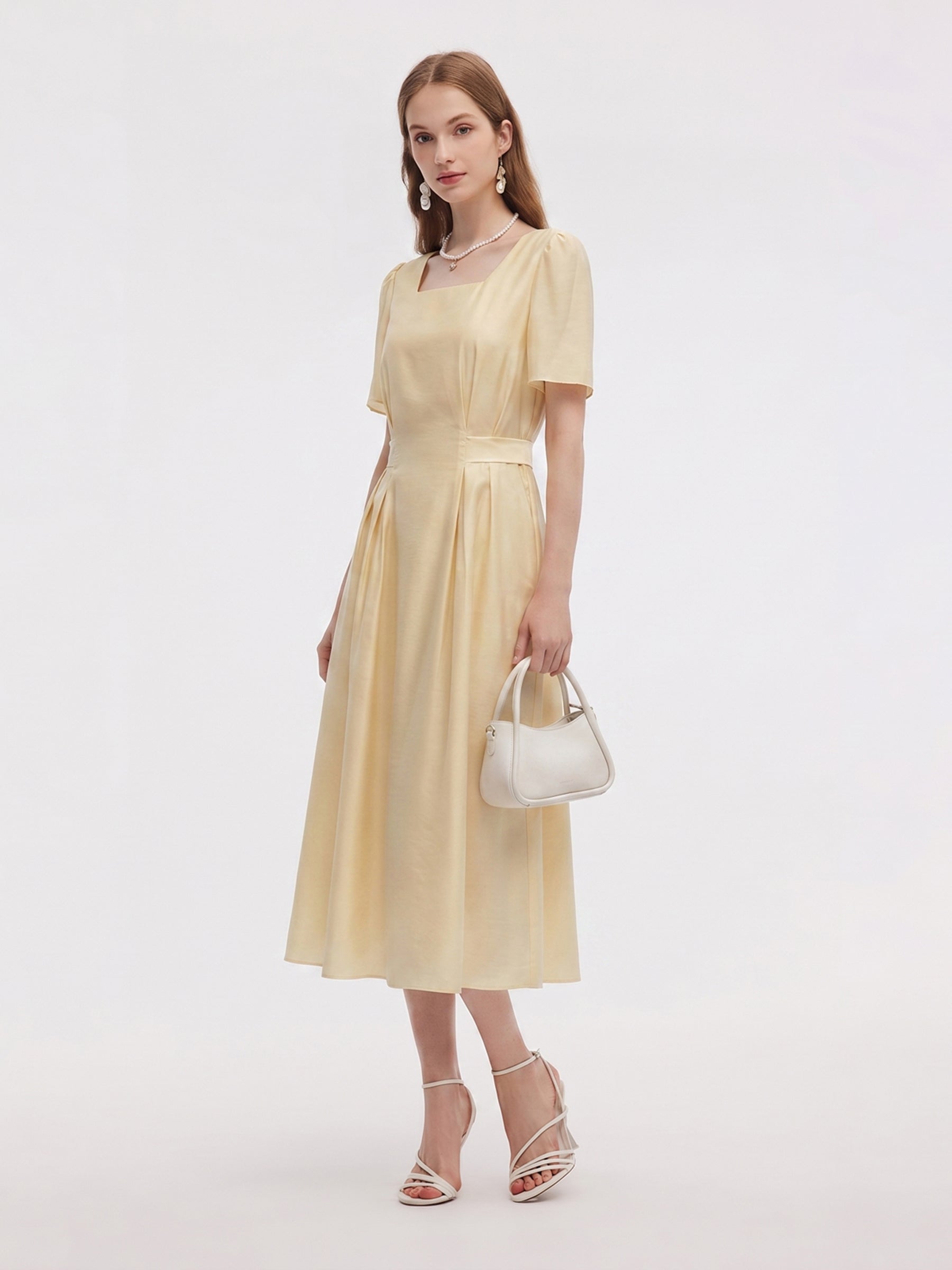 Tencel Blend Square Neck Women Gather-Waisted Maxi Dress GOELIA