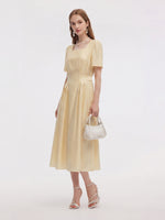 Tencel Blend Square Neck Women Gather-Waisted Maxi Dress GOELIA