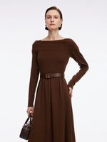 Tencel Wool Blend Boat Neck Women Knit Maxi Dress With Leather Belt GOELIA
