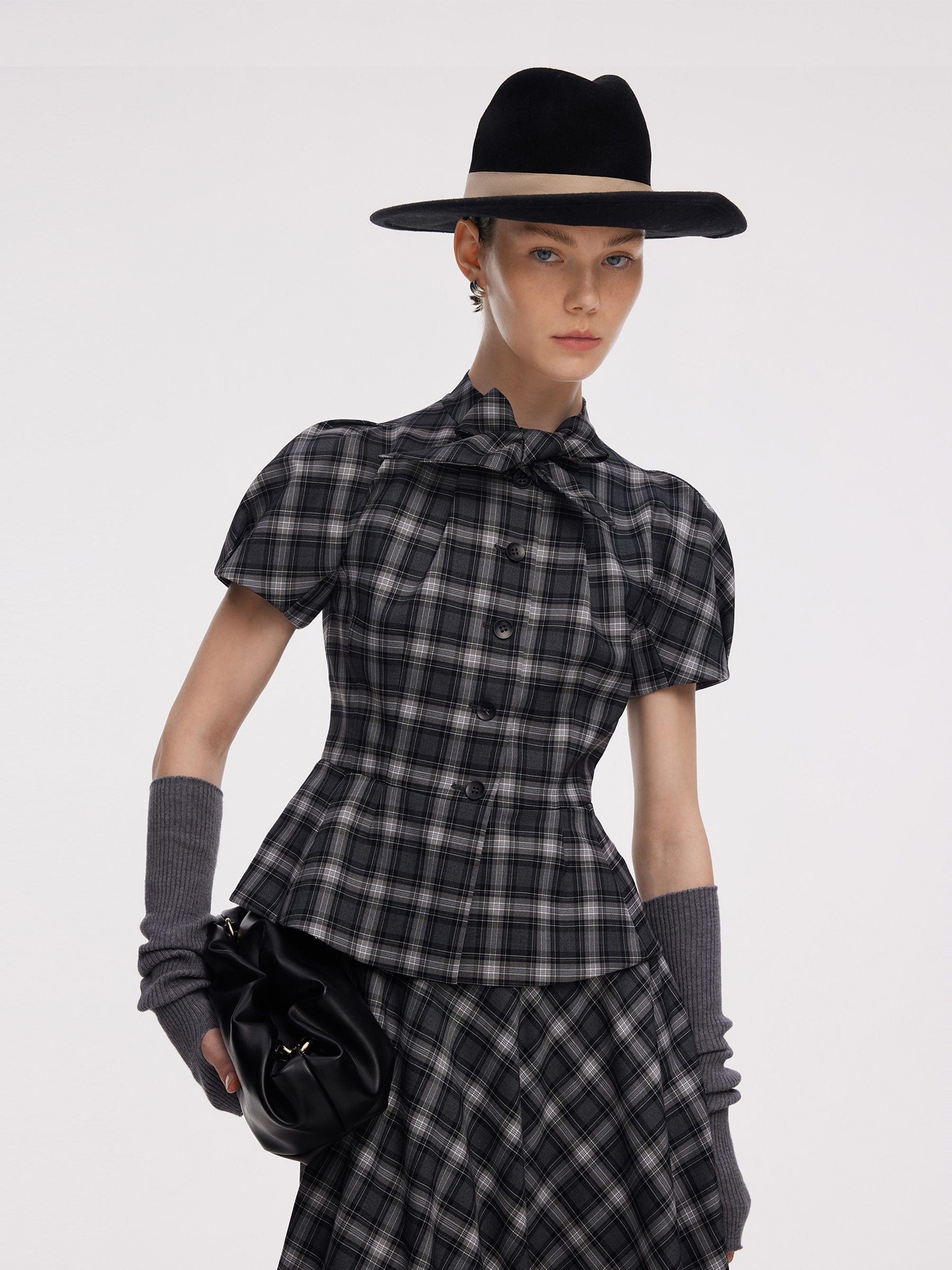 Plaid Ribbon Tie Women Flare Hem Top GOELIA