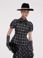 Plaid Ribbon Tie Women Flare Hem Top GOELIA