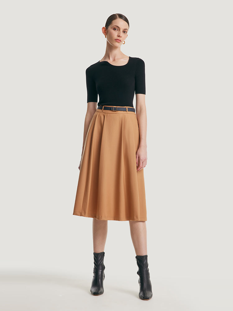 Worsted Woolen A-shaped Half Skirt With Leather Belt GOELIA