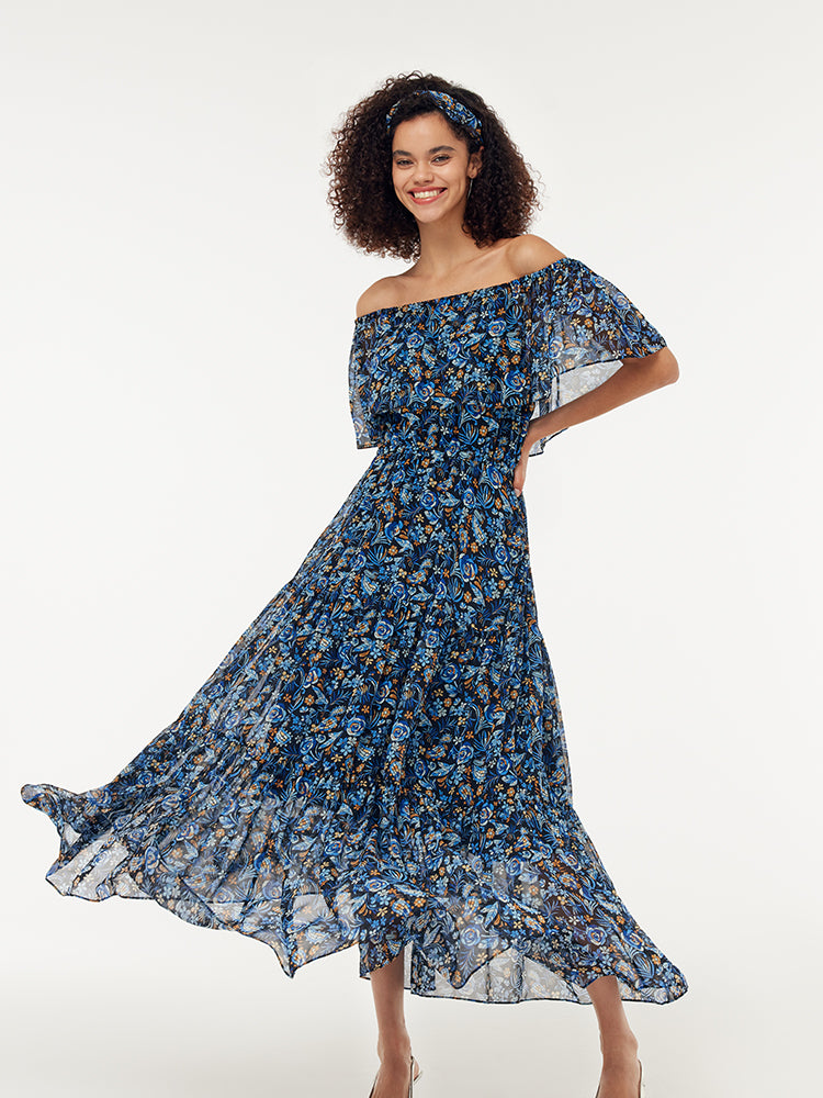 10MM Mulberry Silk Floral Print Women Maxi Dress With Hairband GOELIA