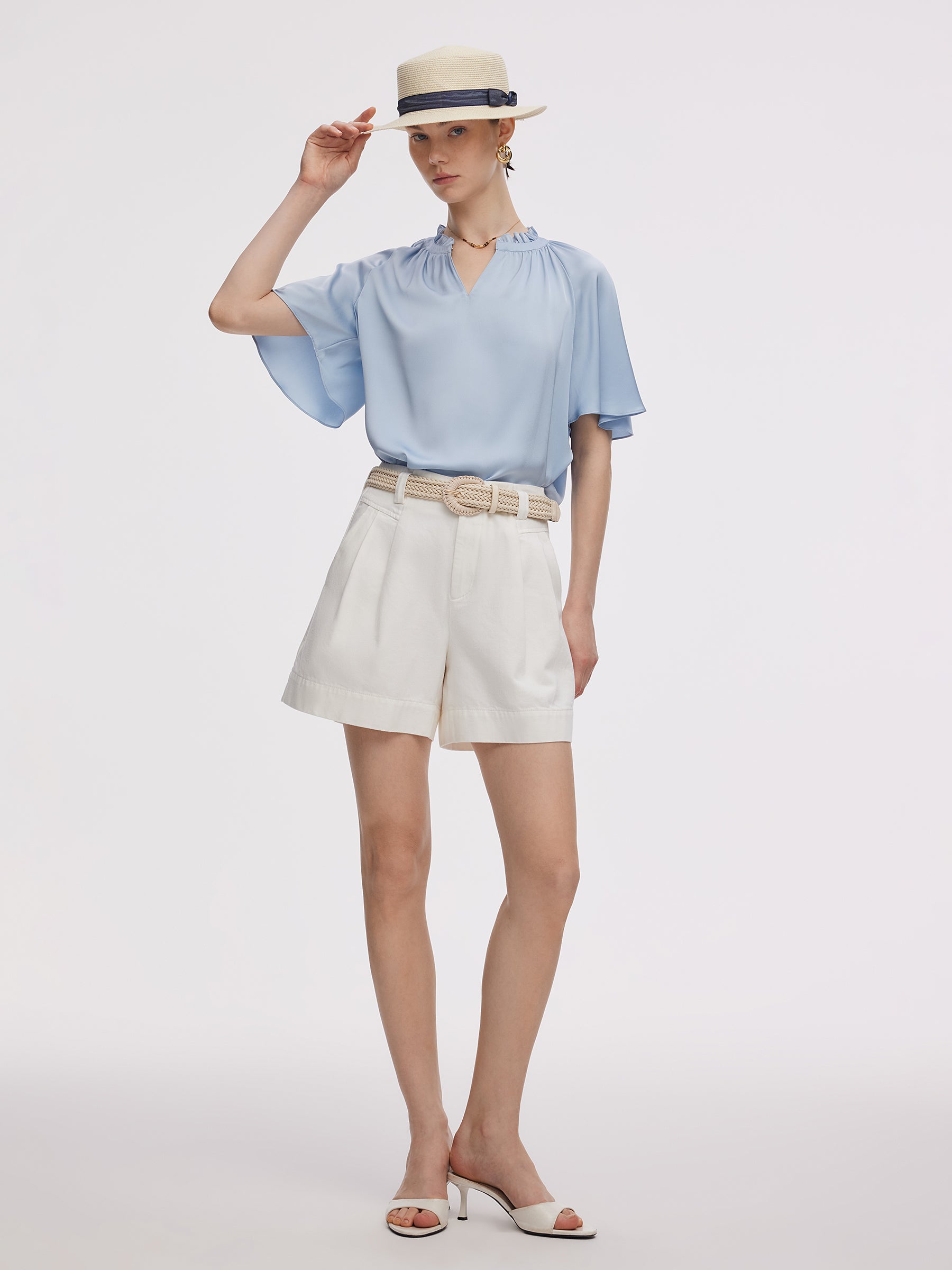 22MM Mulberry Silk Women Ruffle Sleeve Blouse GOELIA