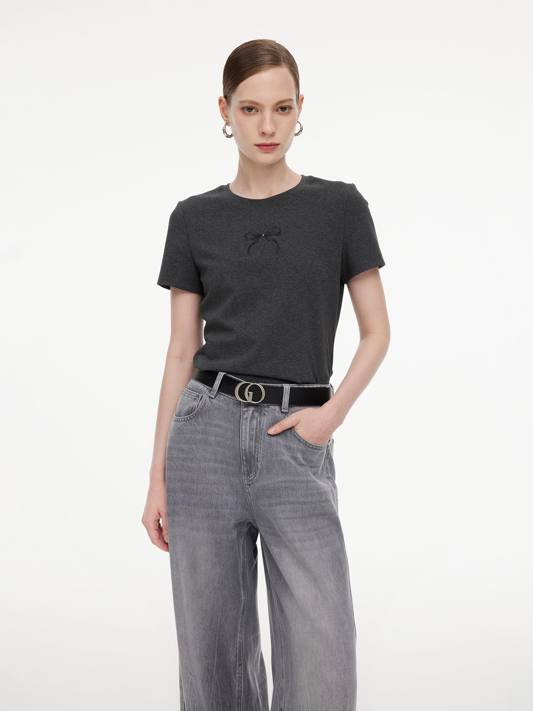 [Preview] Bowknot Print Gathered Waist Women T-Shirt GOELIA