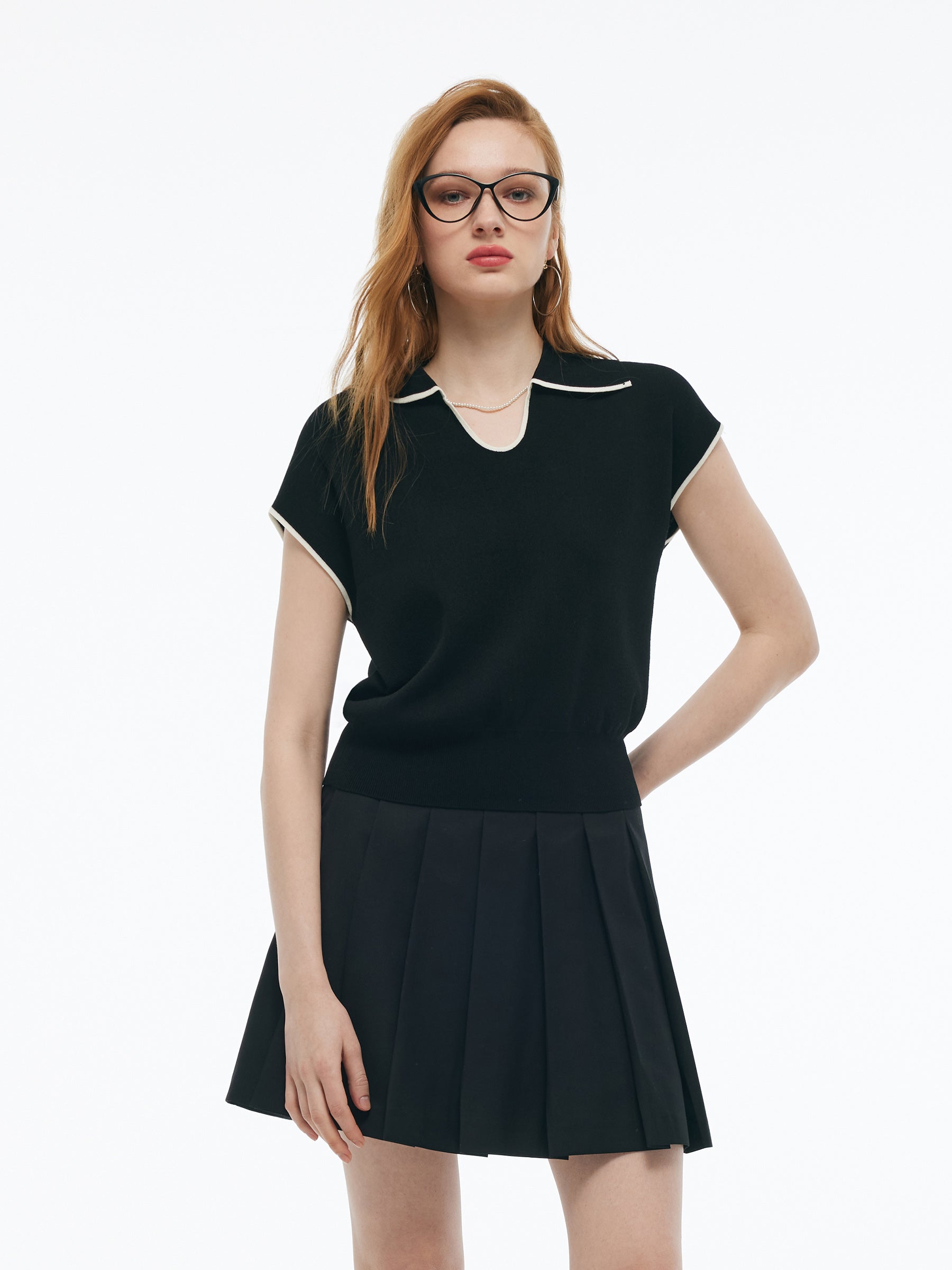 Tencel Blend Contrast Trim Women Knit Top GOELIA
