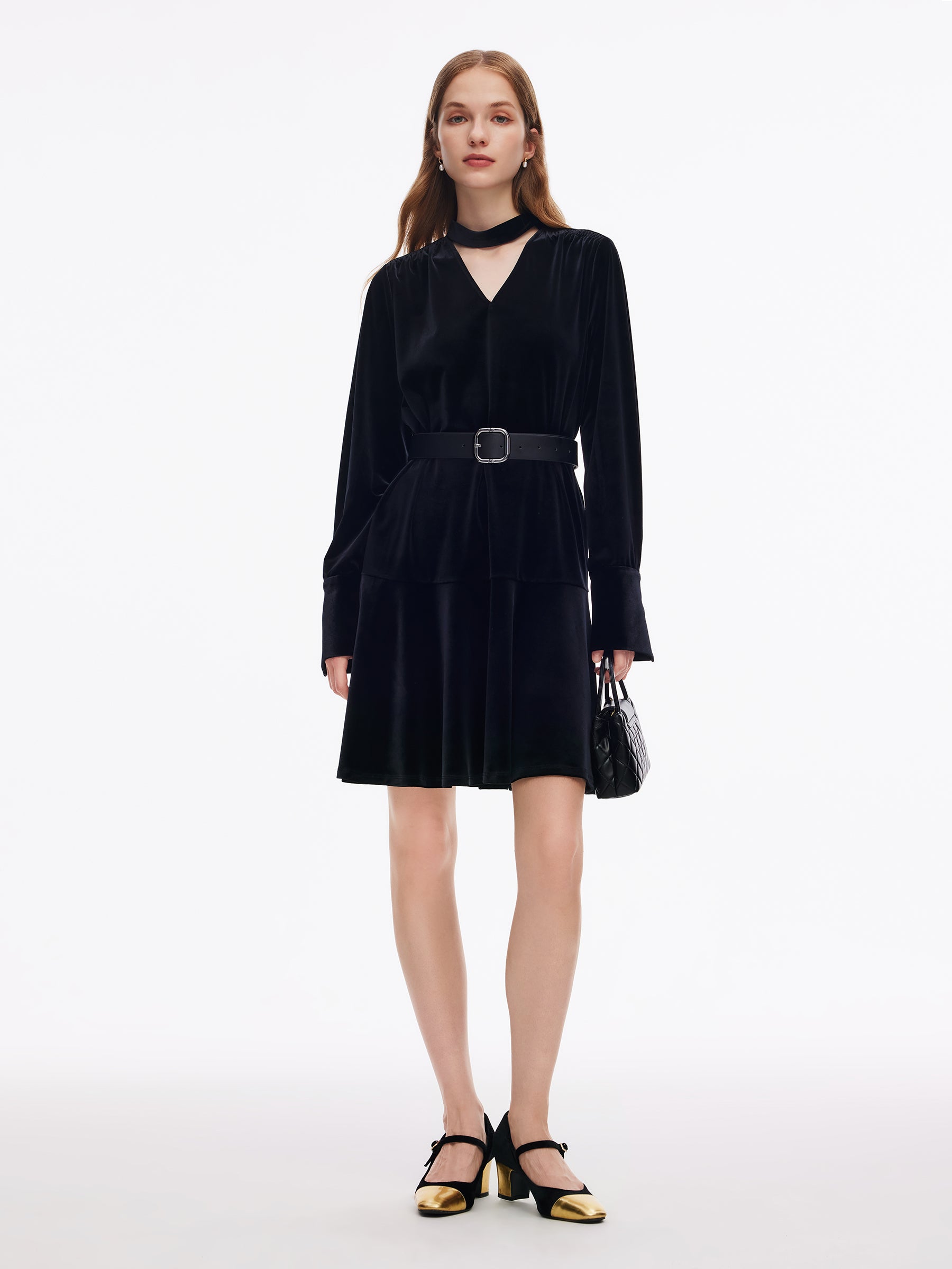 Velvet Ribbon V-Neck Ruffle Hem Women Mini Dress GOELIA