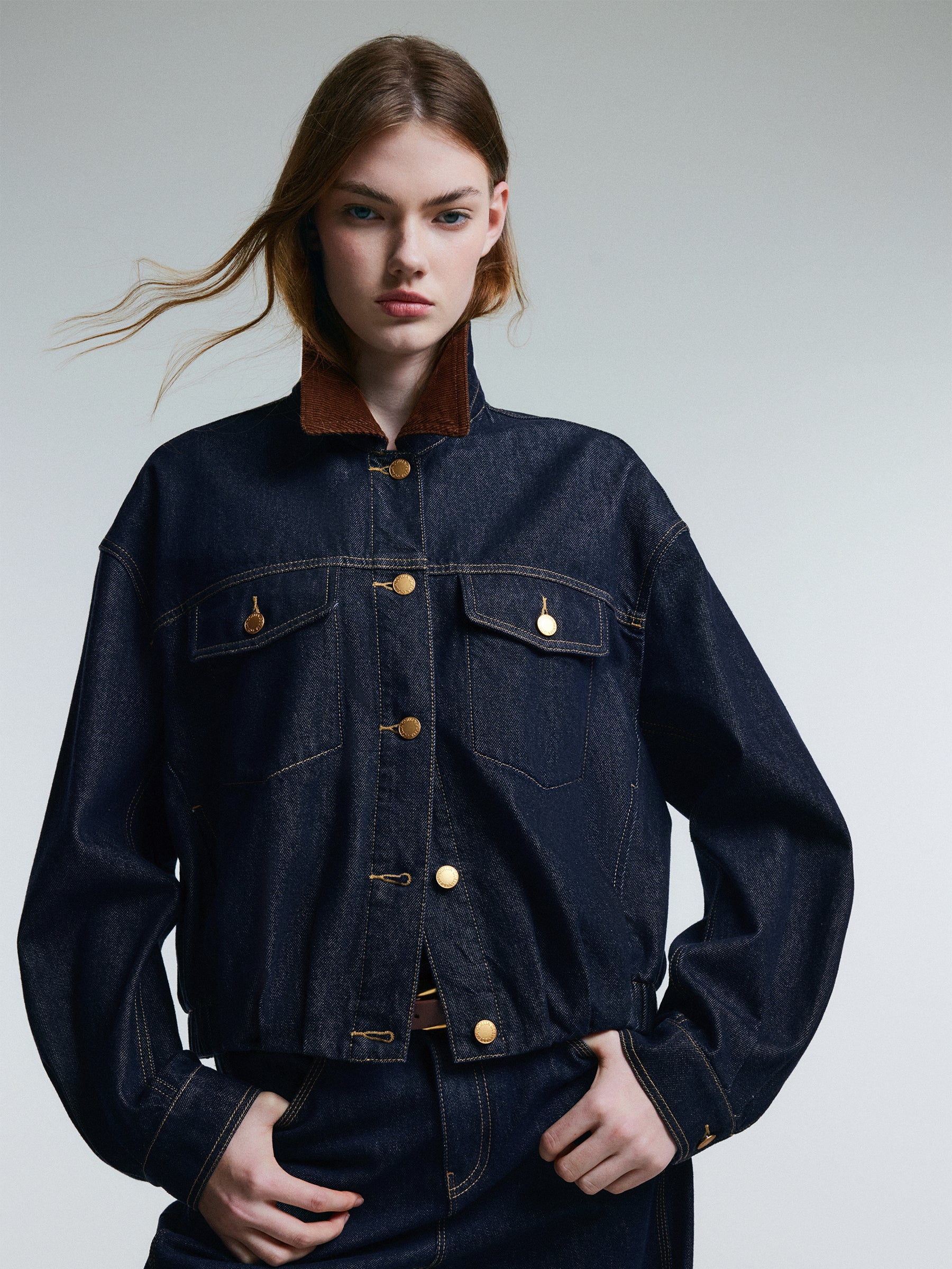 100% Cotton Denim Corduroy Collar Women Barn Jacket GOELIA