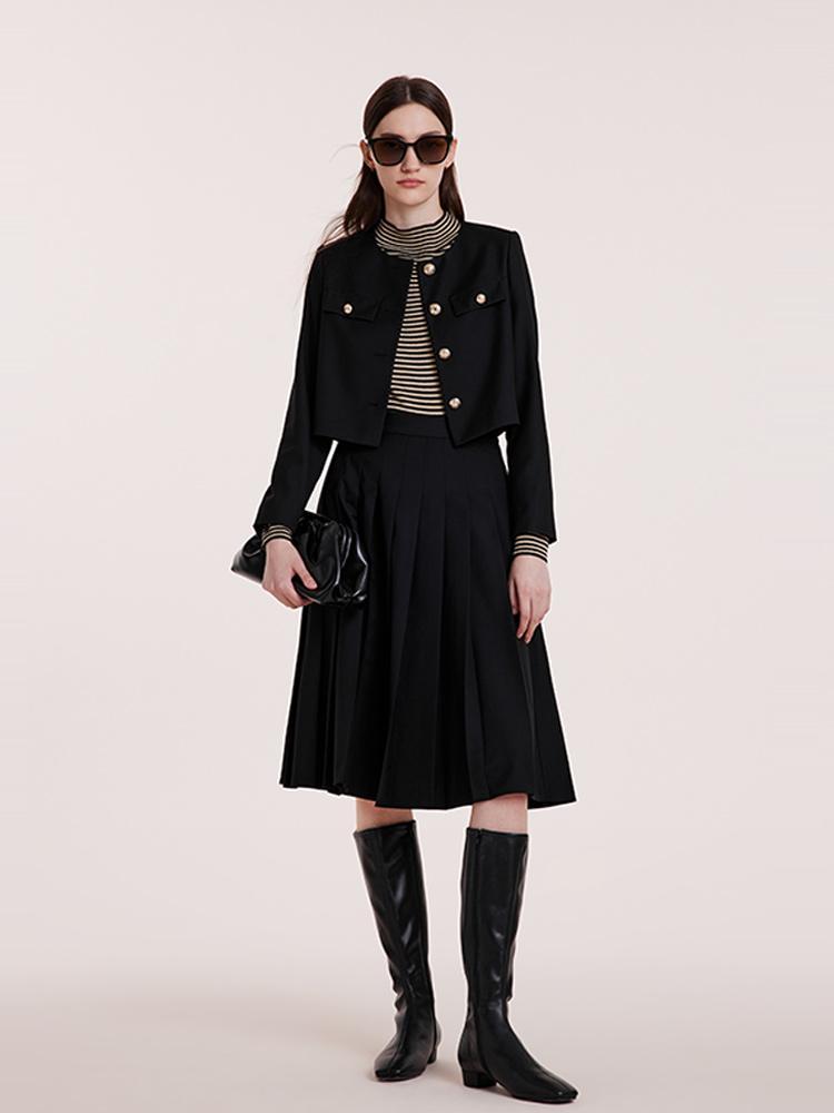 Black College Style Short Jacket And Skirt Set GOELIA