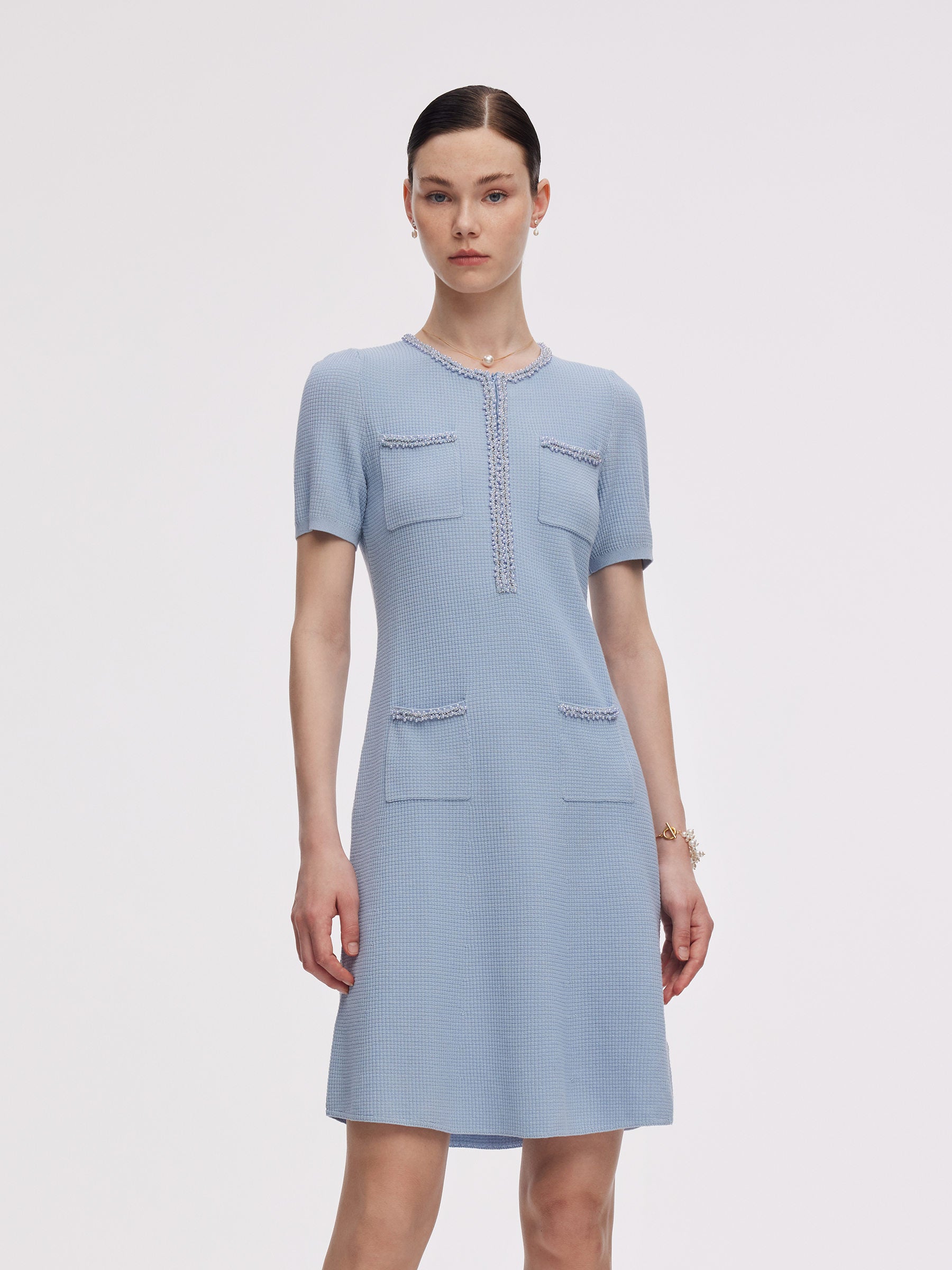 100% Cotton Half-Zip Women Beaded Round Neck Mini Dress GOELIA