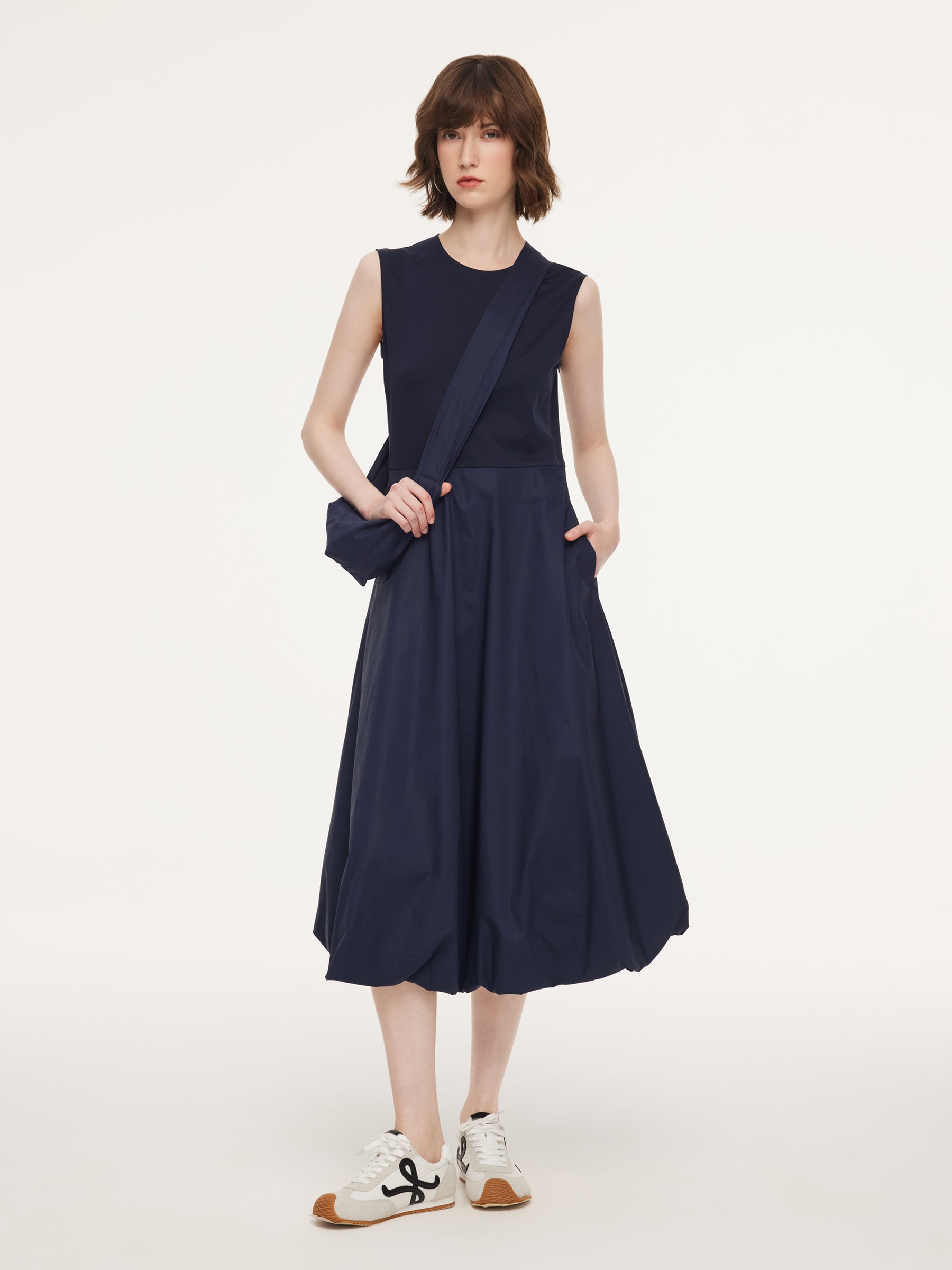 Dark Navy Bubble Hem Women Sleeveless Maxi Dress With Bag GOELIA