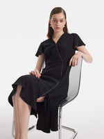 Triacetate V-Neck Ruffle Women Midi Dress GOELIA