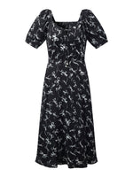 [Preview] Ribbon Print Puff Sleeve Women Midi Dress GOELIA