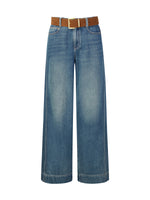 100% Cotton Denim Women Wide Leg Jeans With Belt GOELIA