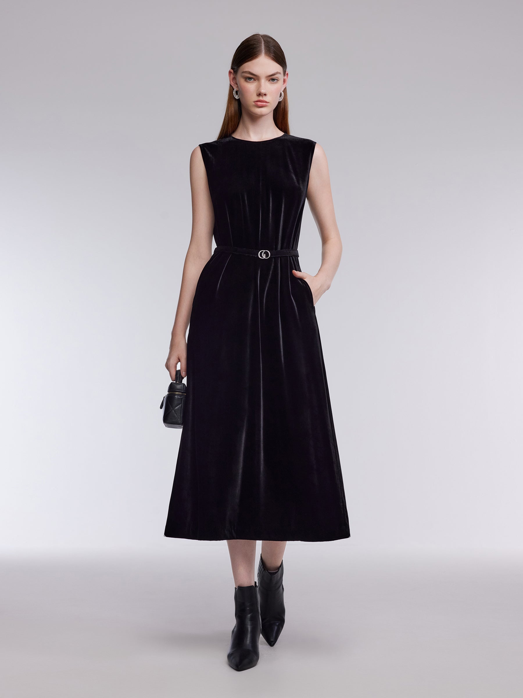 Mulberry Silk Blend Velvet Women Sleeveless Maxi Dress With Belt GOELIA
