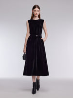 Mulberry Silk Blend Velvet Women Sleeveless Maxi Dress With Belt GOELIA