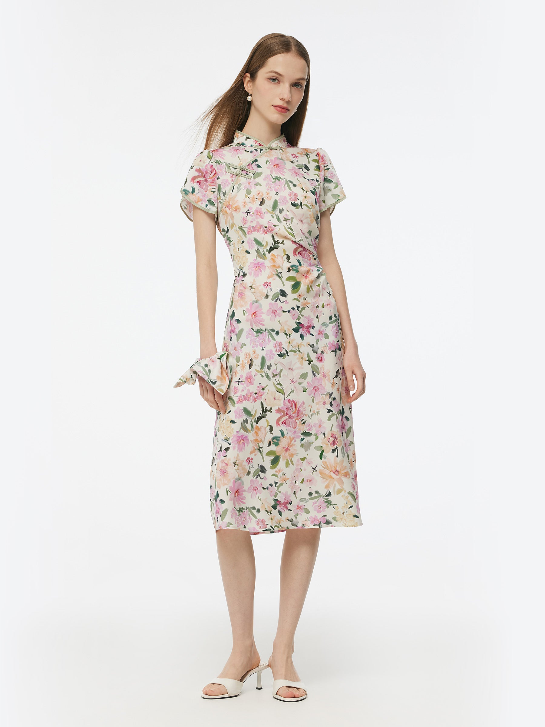 19MM Mulberry Silk Floral Print Side Twist Women Qipao Midi Dress GOELIA