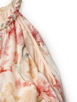 10 Momme Mulberry Silk Iris Printed Halter Ruffle Women Maxi Dress GOELIA