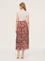 Cap Sleeve Knit Top And Marigold Floral Print Tiered Skirt Two-Piece Set With Silky Scarf GOELIA