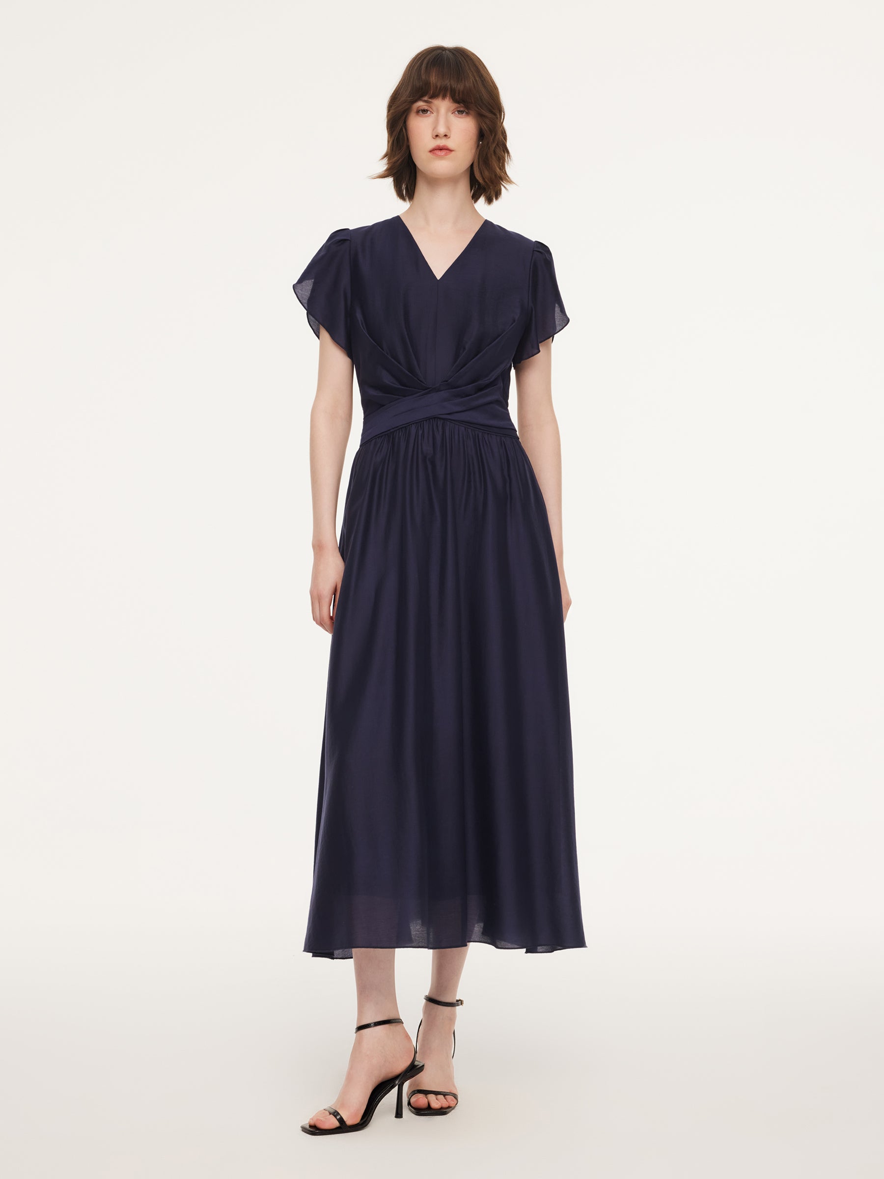 Tencel Blend Twist Front V-Neck Women Maxi Dress GOELIA