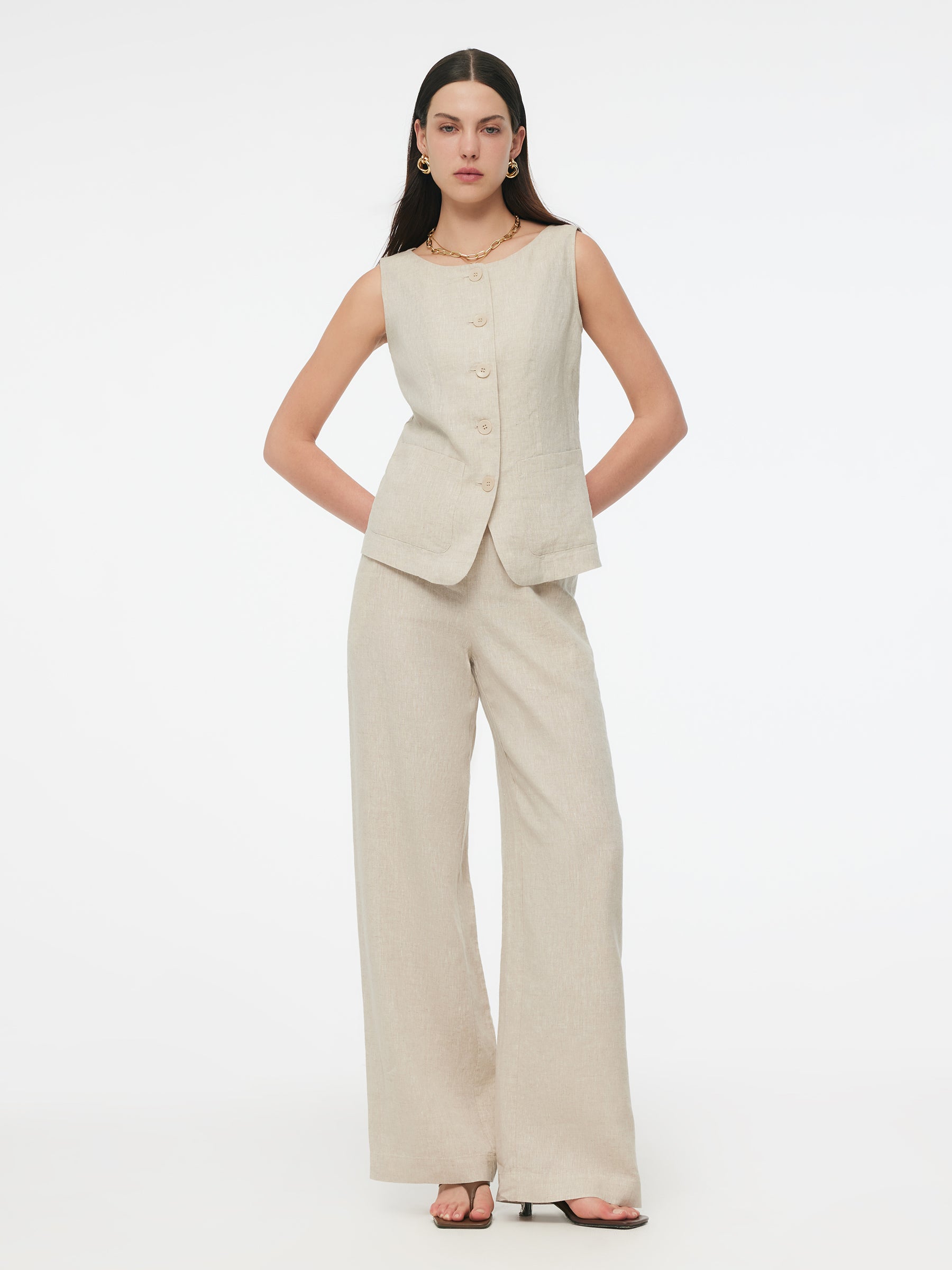 100% Linen Vest And Pants Two-Piece Set GOELIA