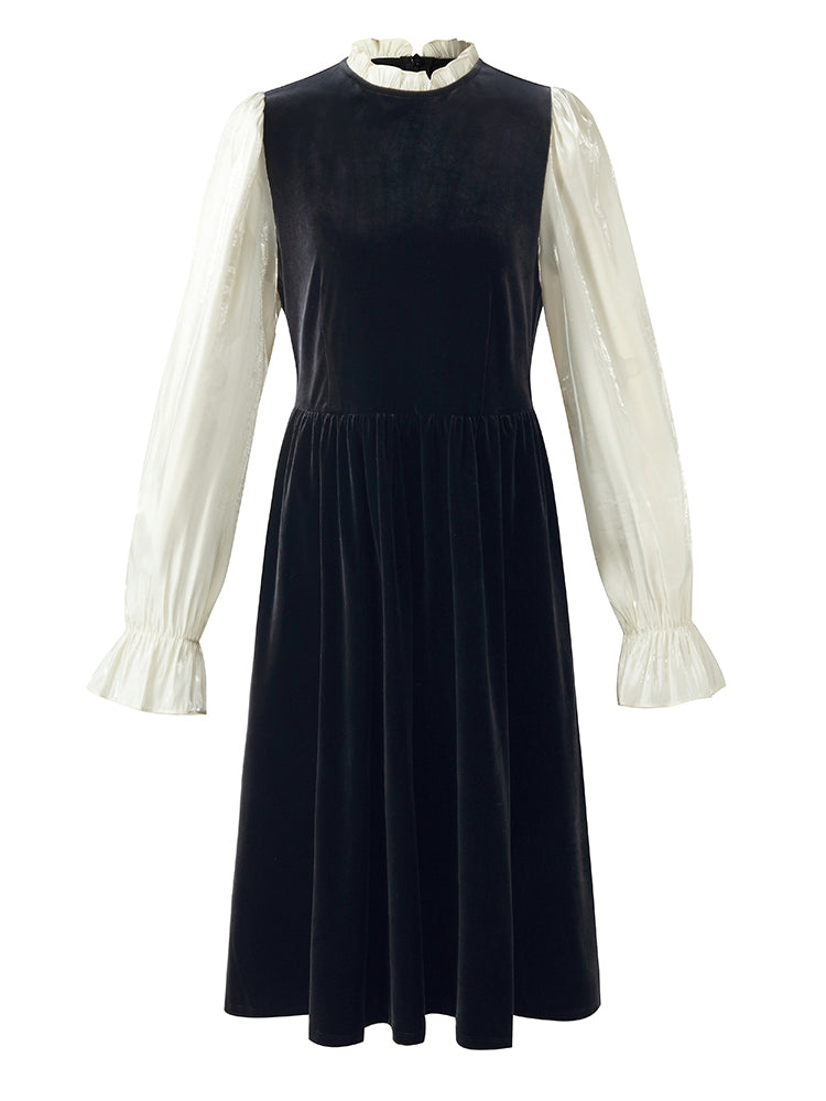 Ruffle Collar Gathered Waist Velvet Women Midi Dress GOELIA